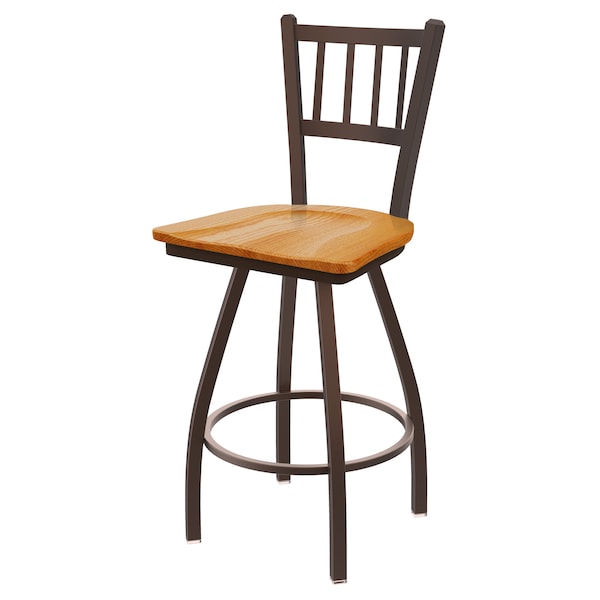 36" Swivel Bar Stool, Bronze Finish, Med Oak Seat